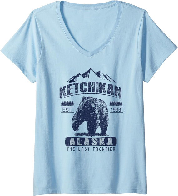 Ketchikan Alaska Souvenir Gift Shirts Womens Vintage Bear Ketchikan Alaska Shirt - Ketchikan AK V-Neck T-Shirt - Baby Blue