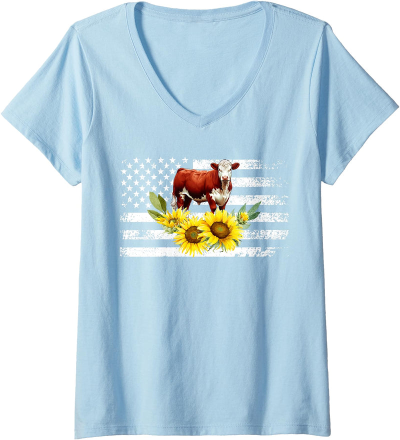 Proud Hereford Cow Boy Hereford Cow Girl Womens Hereford Cow US Flag Hereford Cow Lover Hereford Cattle V-Neck T-Shirt -
