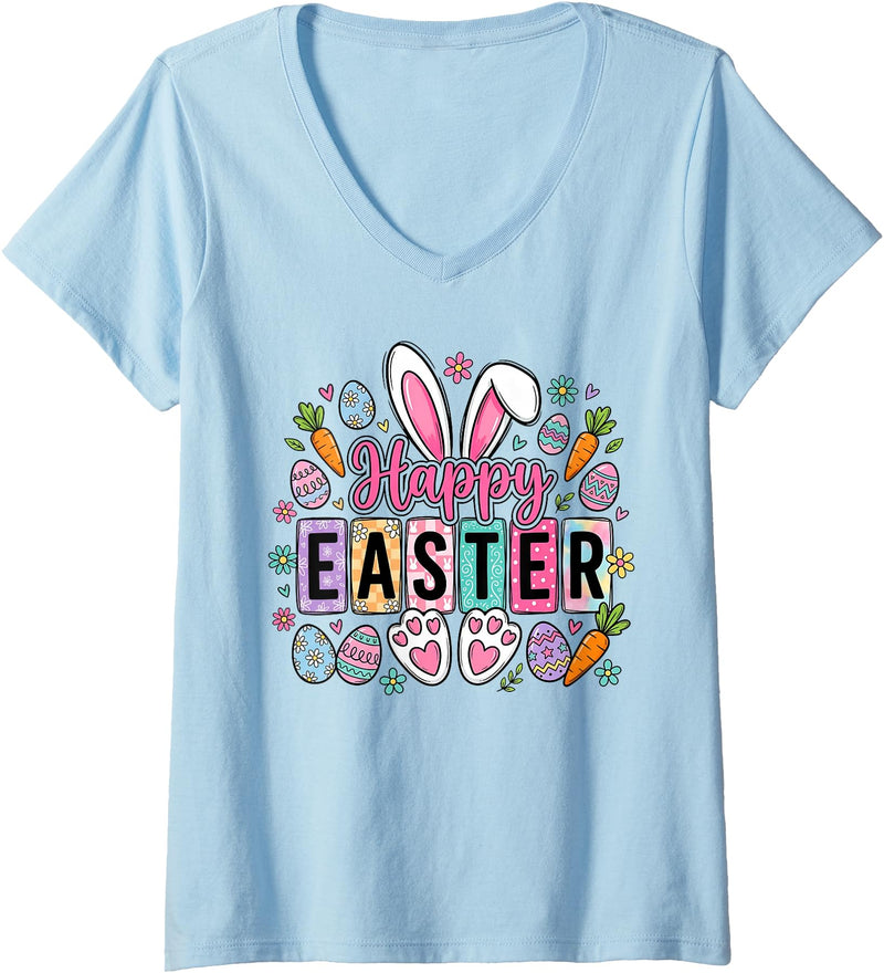 Women's Happy Easter Bunny Egg V-Neck T-Shirt in Baby Blue