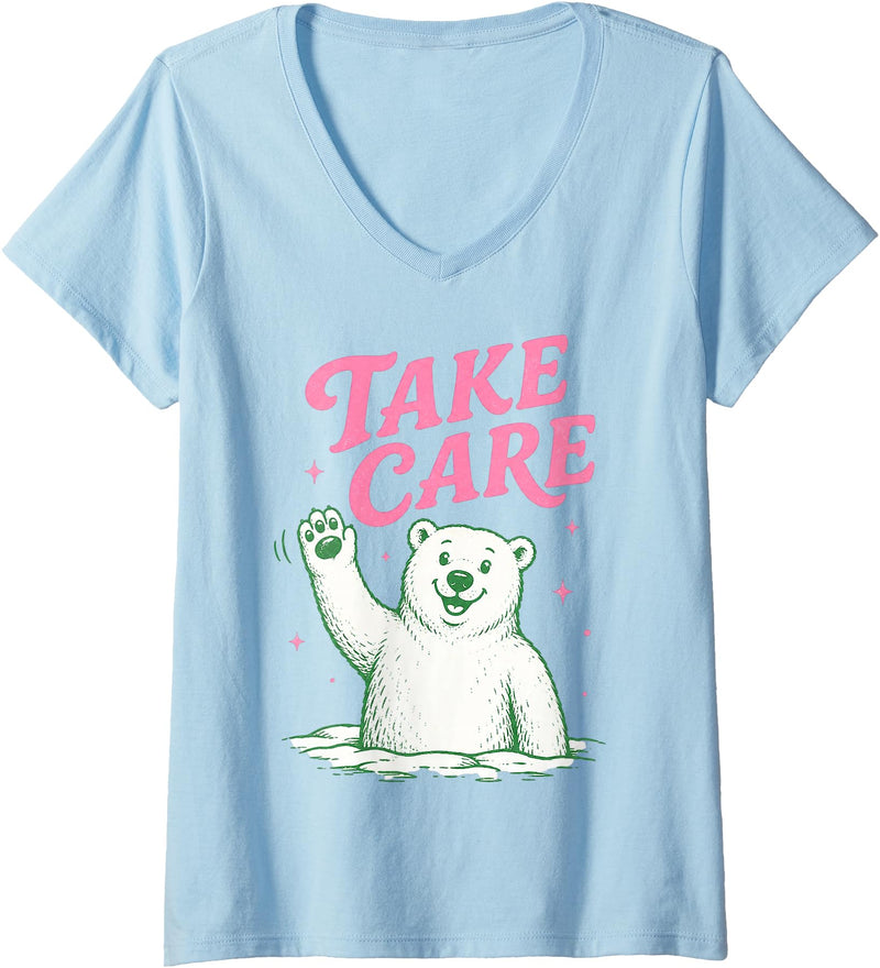 Cute Kawaii Classic Goodbye Childrens Rhyming Game Women's Take Care Polar Bear Happy Funny Last Day of School Summer V-Neck T-Shirt - Baby Blue