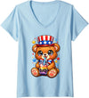 Kawaii Red White and Blue Fourth July Little Kids Women's Cute Teddy Bear Patriotic 4th July Gift Bubble Boba Tea USA V-Neck T-Shirt - Baby Blue