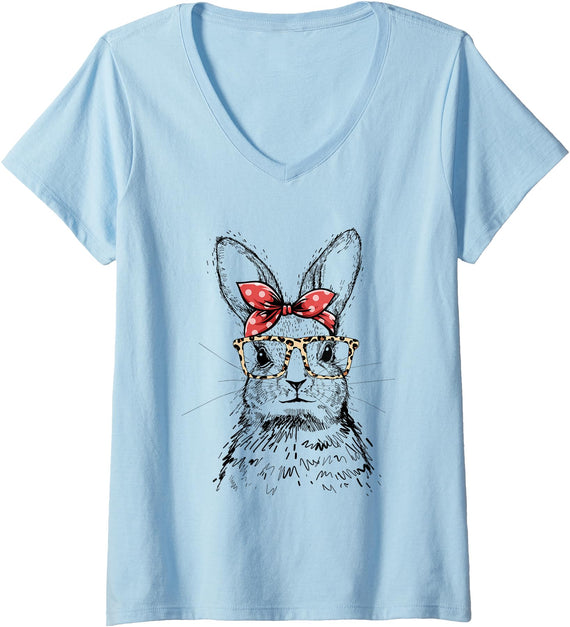Womens Cute Rabbit with Leopard Glasses, Cute Easter V-Neck T-Shirt in Baby Blue