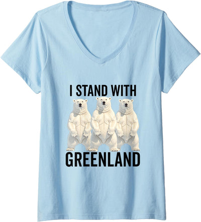 I stand with Greenland Merch Apparel Women's I Stand with Greenland Protest Polar Bear Greenland Denmark V-Neck T-Shirt