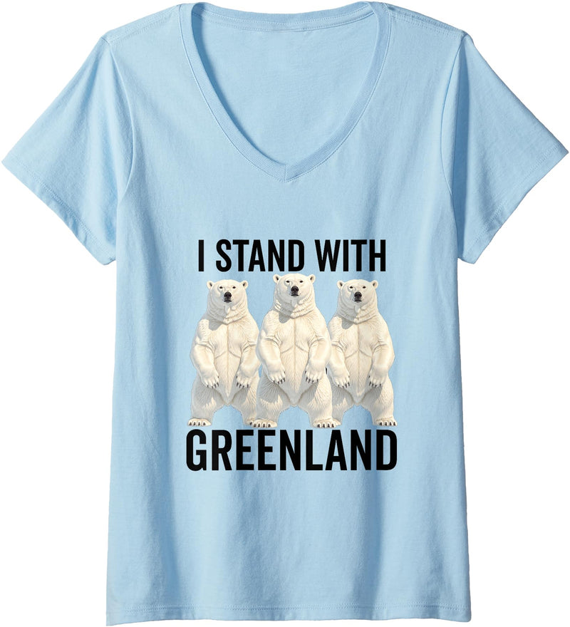 I stand with Greenland Merch Apparel Women's I Stand with Greenland Protest Polar Bear Greenland Denmark V-Neck T-Shirt - Baby Blue