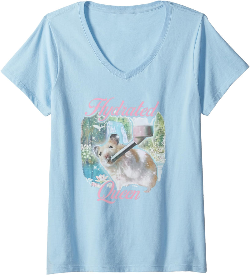 Women's Hydrated Queen Hamster Funny Aesthetic Soft Girl Pet Gift V-Neck T-Shirt - As Pictured