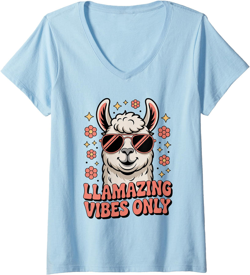 Funny Llama Lover Vintage Sunglasses Womens Funny Llama Vintage 70s 80s Floral Llamazing Vibes V-Neck T-Shirt - Baby Blue