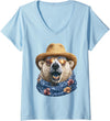 Whimsical Coastal Animals Beachgoers Women's Cute Polar Bear with Sunglasses and Straw Hat Animal Summer V-Neck T-Shirt - Baby Blue