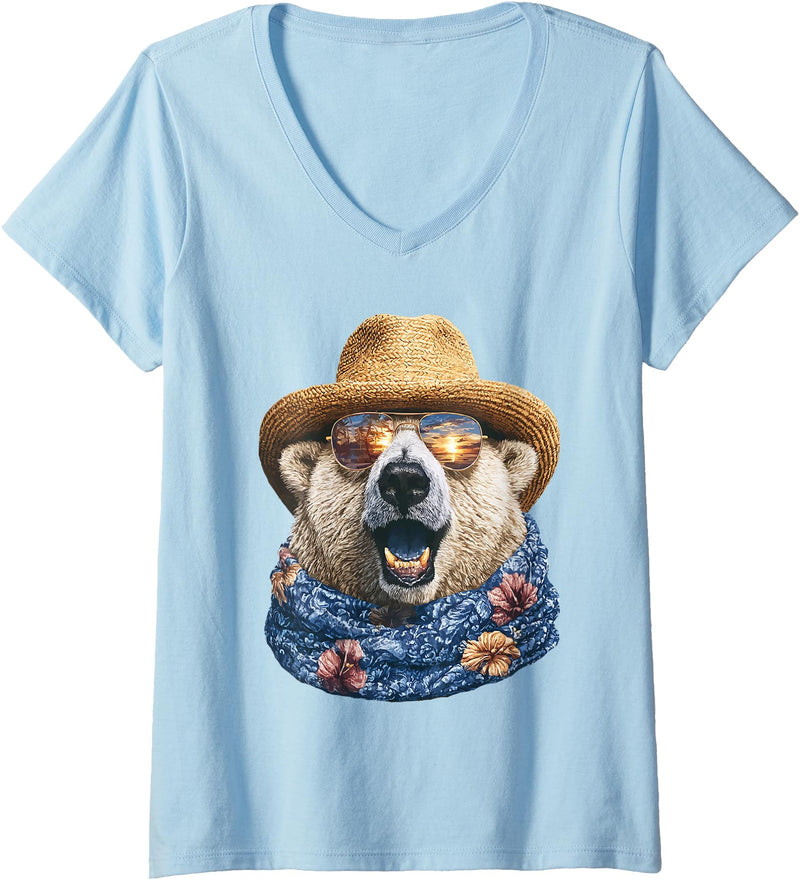 Whimsical Coastal Animals Beachgoers Women's Cute Polar Bear with Sunglasses and Straw Hat Animal Summer V-Neck T-Shirt - Baby Blue