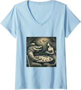Women's Alligator and Mermaid Playing Poker Sketch V-Neck T-Shirt - Baby Blue