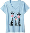 Bubble Safari Graphics Womens Cute Giraffe Trio Blowing Bubble Gum with Sunglasses V-Neck T-Shirt - Red