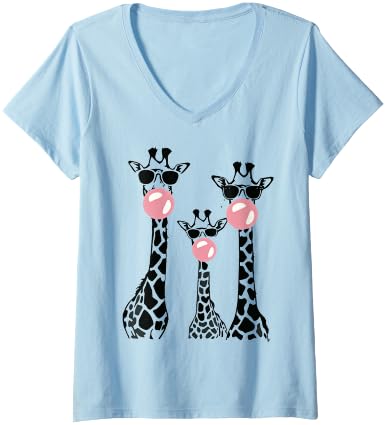 Womens Cute Giraffe Trio Blowing Bubble Gum with Sunglasses V-Neck T-Shirt