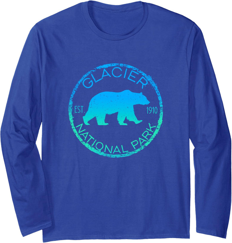 Pine Hill Goods Glacier National Park Grizzly Bear Design Graphic Souvenir Long Sleeve T-Shirt - Royal Blue