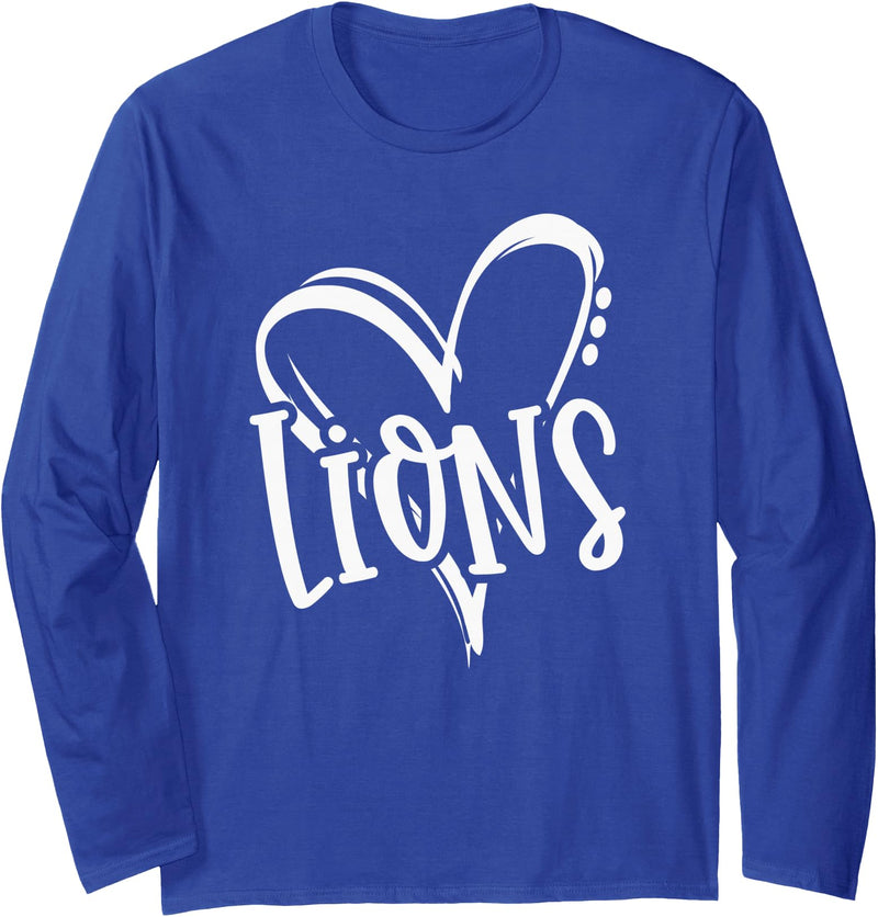 Lion School Spirit Sport Team Co. Lions School Sports Fan Team Spirit Heart Long Sleeve T-Shirt - Royal Blue