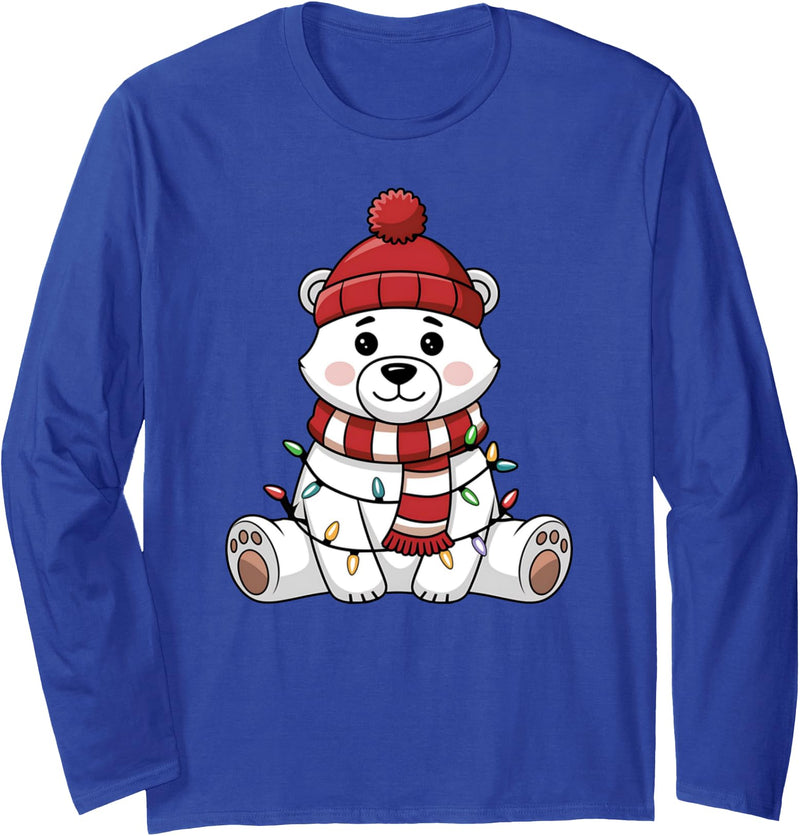Festive Holiday Bear Design Cute Christmas Polar Bear Wrapped in Lights Long Sleeve T-Shirt - Royal Blue