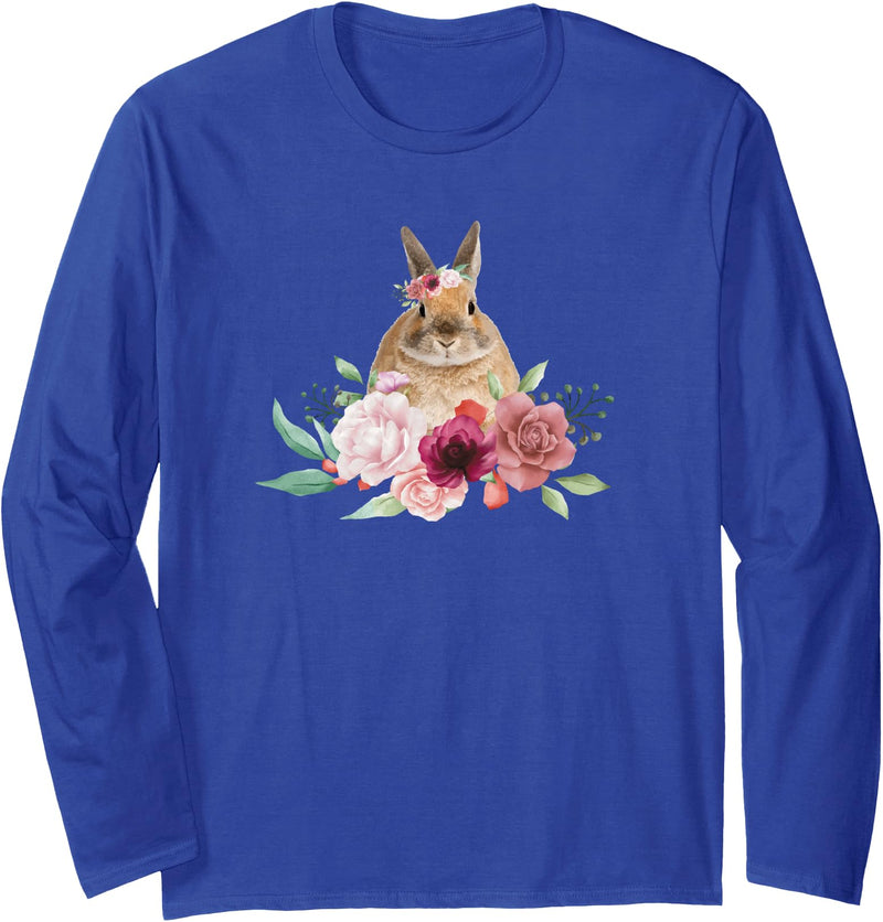 Rabbit Cute Bunny Vintage Aesthetic Flower Botanical Long Sleeve Shirt in Royal Blue