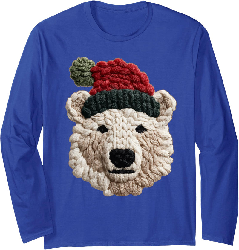 Christmas Winter Animals Clothing Co. Christmas Polar Bear with Santa Hat Marine Animal Winter Long Sleeve T-Shirt - Royal Blue