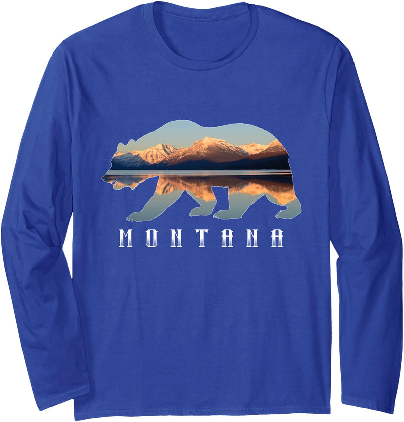Montana National Park Landscape Shirts & Gifts Montana Bear with Glacier National Park Lake Image Souvenir Long Sleeve T-Shirt - Royal Blue