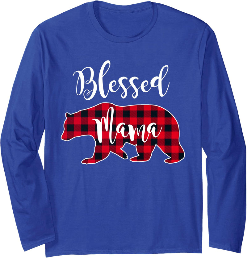 All in the Bear Family Blessed Mama Bear Buffalo Check Plaid Pattern Mom Mother Long Sleeve T-Shirt - Royal Blue