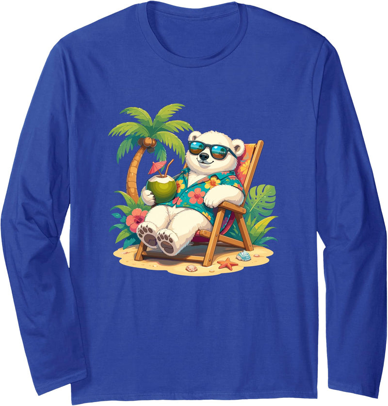 Tropical Polar Bear Summer Beach Vibes Relaxed Polar Bear Hawaiian Shirt Summer Beach Long Sleeve T-Shirt - Royal Blue