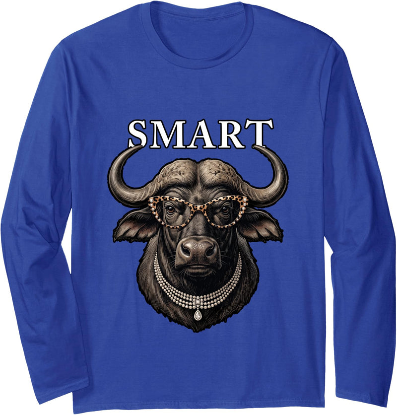 Funny Meme Smart Buffalo Gift Funny Necklace Leopard Glasses Smart Buffalo Long Sleeve T-Shirt - Royal Blue
