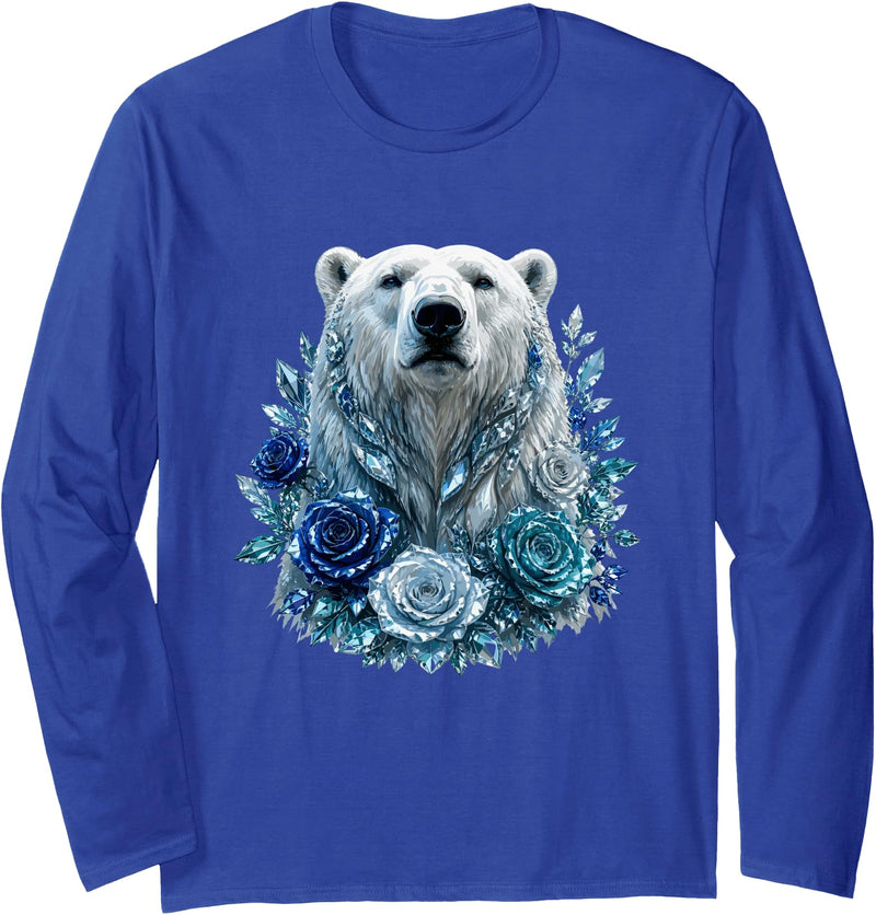 Arctic Polar Bear Crystal Rose Winter Spirit Majestic Polar Bear with Blue Ice Crystal Roses Long Sleeve T-Shirt - Royal Blue