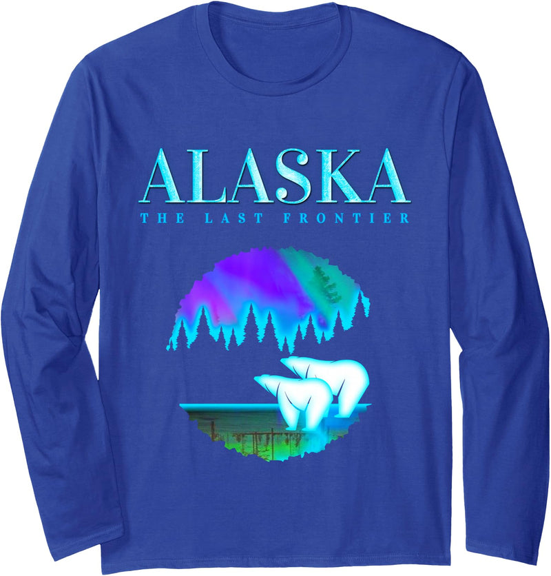 Cool Alaska Northern Lights Design Cool Alaska Pair of Polar Bear with Aurora Snow Scene Long Sleeve T-Shirt - Royal Blue
