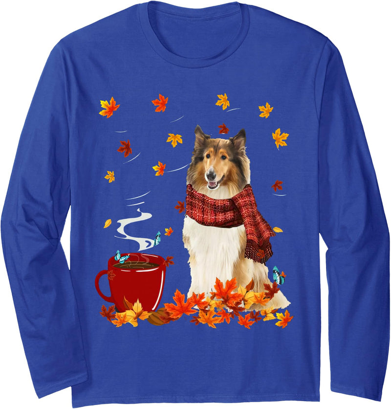 Rough Collie Dog Thanksgiving Fall Autumn Lover Rough Collie Fall Red Scarf Autumn Leaf For Dog Lover Long Sleeve T-Shirt -