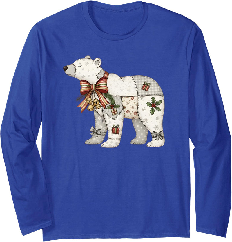 Cute Polar Bear Xmas Quilt Winter Holiday Patchwork Polar Bear Cute Christmas Quilt Long Sleeve T-Shirt - Royal Blue