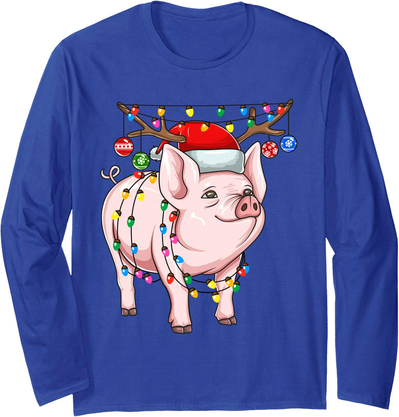 Merry Christmas Animals Co Christmas Pig Holiday Lights With Antlers And Ornaments Long Sleeve T-Shirt - Royal Blue