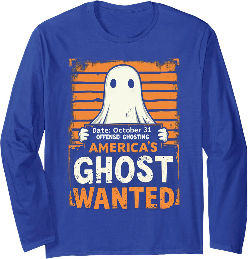 America's Wanted Halloween Ghost Humor Apparel America's Ghost Wanted Funny Halloween Ghosting Long Sleeve T-Shirt - Royal