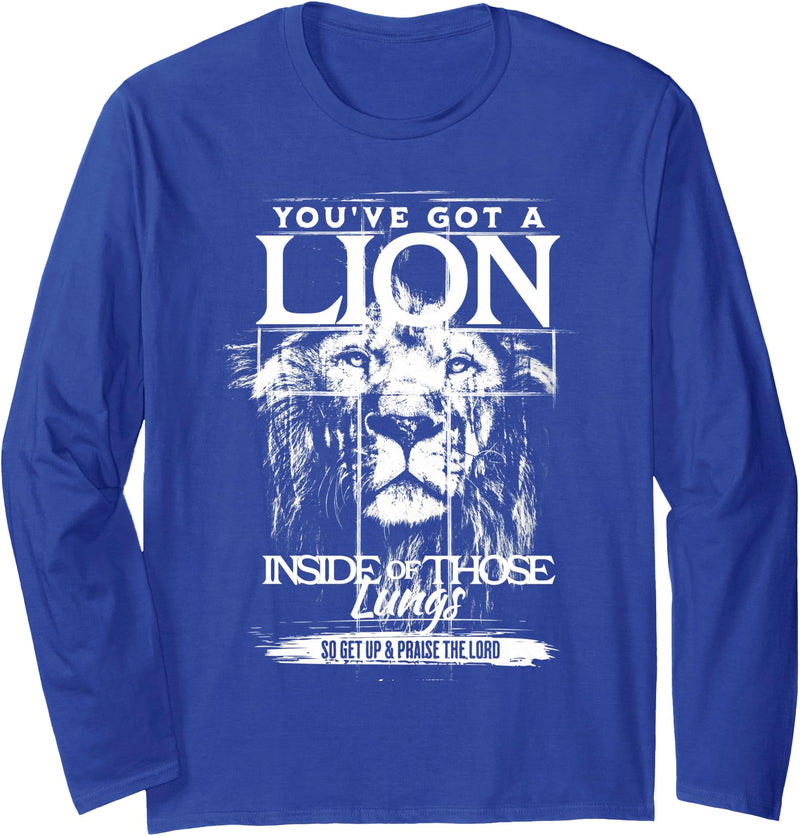 Lion in Lungs Christian Shirts & Gifts You've Got a Lion Inside of Those Lungs Praise the Lord Long Sleeve T-Shirt - Royal Blue