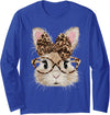 Cute Bunny Rabbit Face Leopard Coquette Bow Glasses Long Sleeve Shirt in Royal Blue