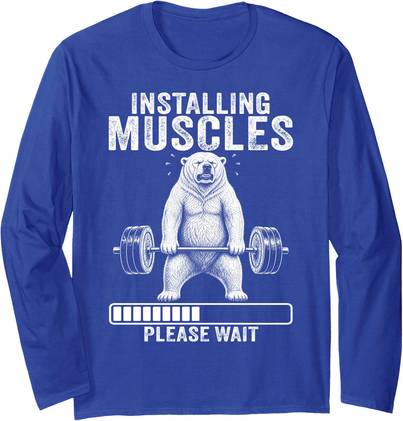 Funny Polar Bear Fitness Deadlift Workout Installing Muscles Please Wait Polar Bear Gym Long Sleeve T-Shirt - Royal Blue