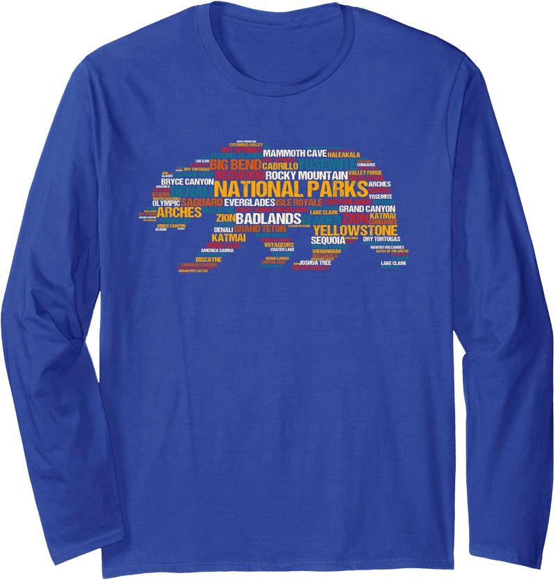 National Parks USA Giftidea! National Parks USA List Word Cloud Bear Camping & Hiking Long Sleeve T-Shirt - Royal Blue