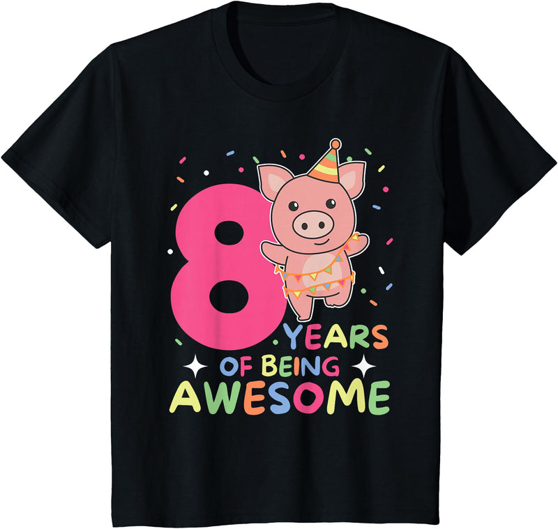Pig Birthday Gift Cute Animals 8th Birthday Pig For Kids Eight Years Old T-Shirt - Black