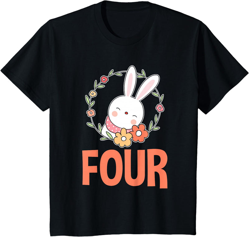 4th Birthday Girl Bunny 4 Years Rabbit Birthday T-Shirt in Black