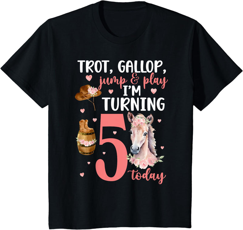 Five Year Old Horse Girl Fifth Birthday Horses 5th Horse Birthday Party 5 Year Old Horse Birthday T-Shirt - Black