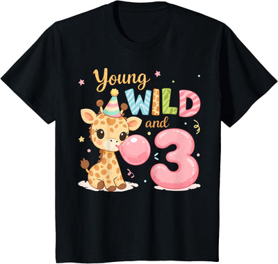 Kids Kids 3rd Birthday Young Wild and Three 3 Year Old Giraffe T-Shirt