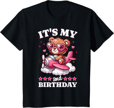 Kids 2nd Birthday Girls Airplane Birthday Party Teddy Bear Plane T-Shirt