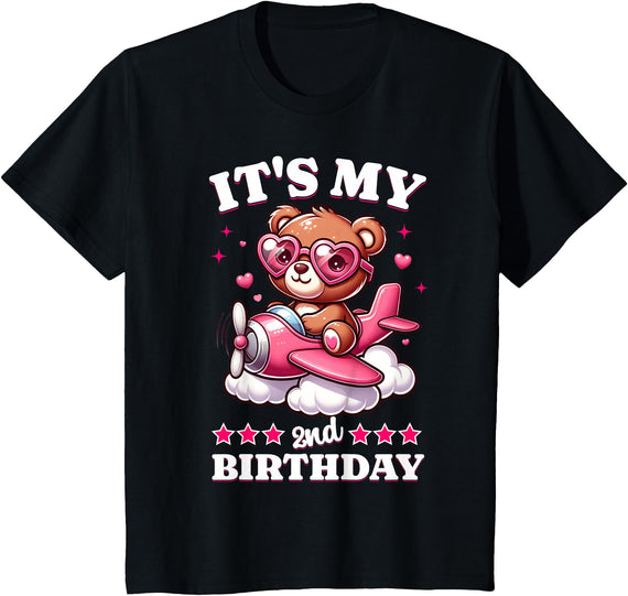 2 Year Old Girl Plane Birthday Party Kids Designs Kids 2nd Birthday Girls Airplane Birthday Party Teddy Bear Plane T-Shirt - Black