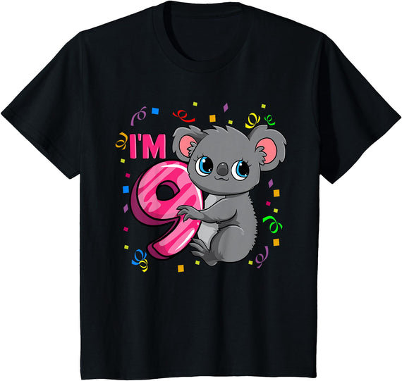 Birthday Gifts For Girls By Raleigh 9th Birthday Shirt For Girls Koala Bear 9 Years Old T-Shirt - Black
