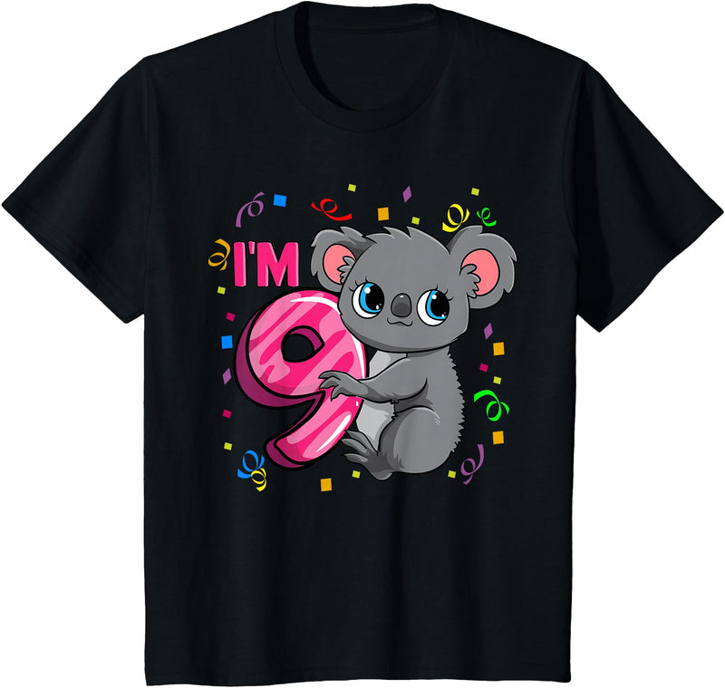 Birthday Gifts For Girls By Raleigh 9th Birthday Shirt For Girls Koala Bear 9 Years Old T-Shirt - Black