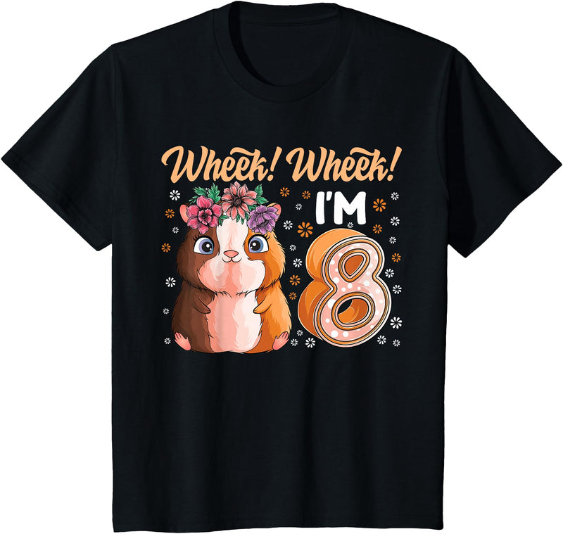 Guinea Pig Girls Birthday Supplies Decoration Tee Guinea Pig 8 Year old Cavy 8th Birthday Toddler Boy Girl T-Shirt - Black
