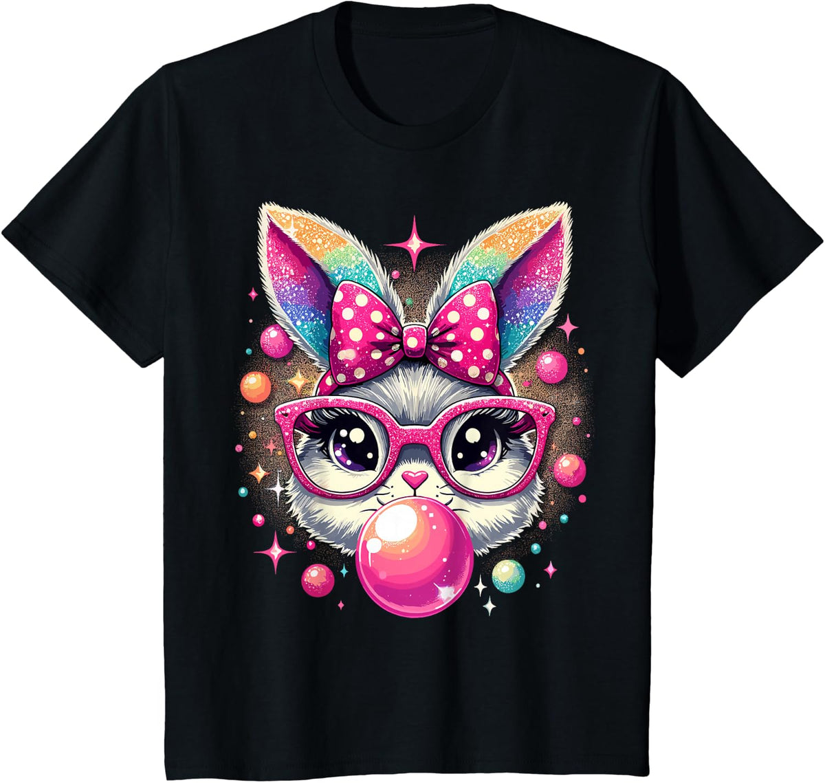 Happy Easter Bunny Tie Dye Coquette Bow Rabbit Face Easter T-Shirt - Black