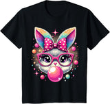 Happy Easter Bunny Tie Dye Coquette Bow Rabbit Face Easter T-Shirt - Black