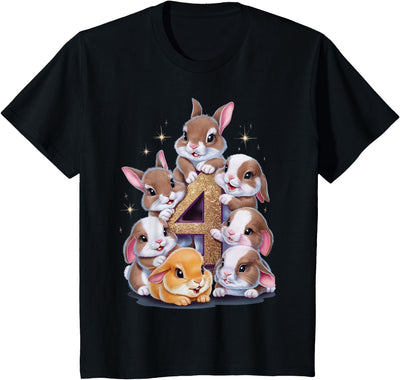 Bunnies Piled Around a Number 4 Birthday T-Shirt