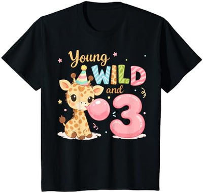 Kids Kids 3rd Birthday Young Wild and Three 3 Year Old Giraffe T-Shirt