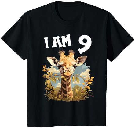 Kids 9 Years old 9th birthday Giraffes Boy Girl Giraffe T-Shirt - Navy Blue
