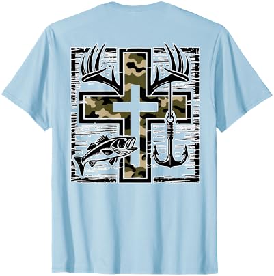 Camo Cross Fishing Faith Christian 2 Sided Hunting Fishing Cross Camo Faith Christian Fisherman Hunter T-Shirt - size chart