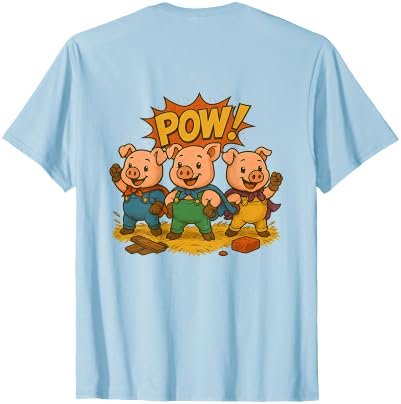 Three Hero Pigs Storytime Legends Bad Wolf in personalized costume 3 Pigs on the back T-Shirt - size chart